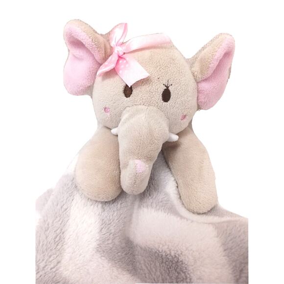 Baby Elephant Security Blanket Toy 12" Tusks Gray Plush Pink White Embroidered - Picture 2 of 16